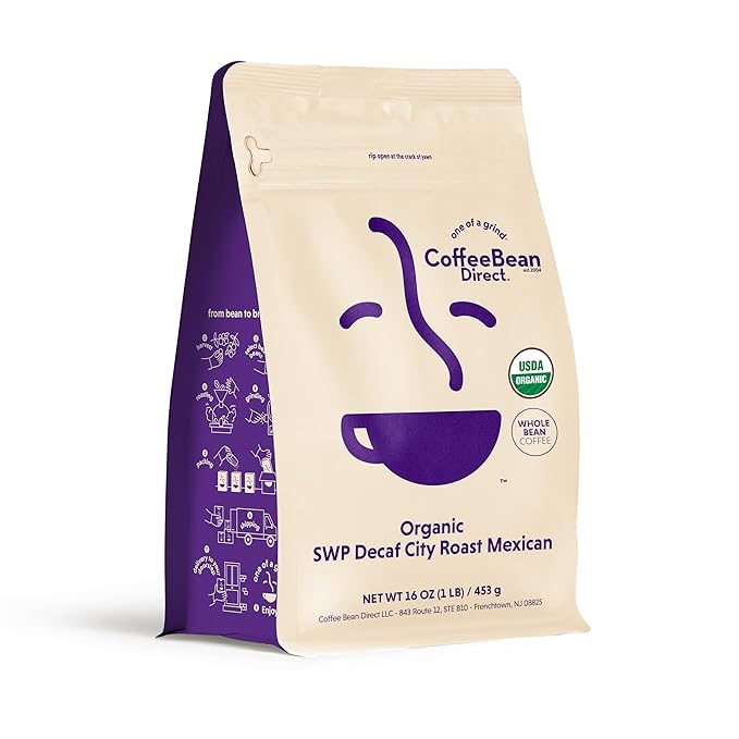 Coffee Bean Direct Organic Swiss Water Process Mexican Chiapas, Whole Bean Coffee, City Roast, 1 Pound Bag (Pack of 1)