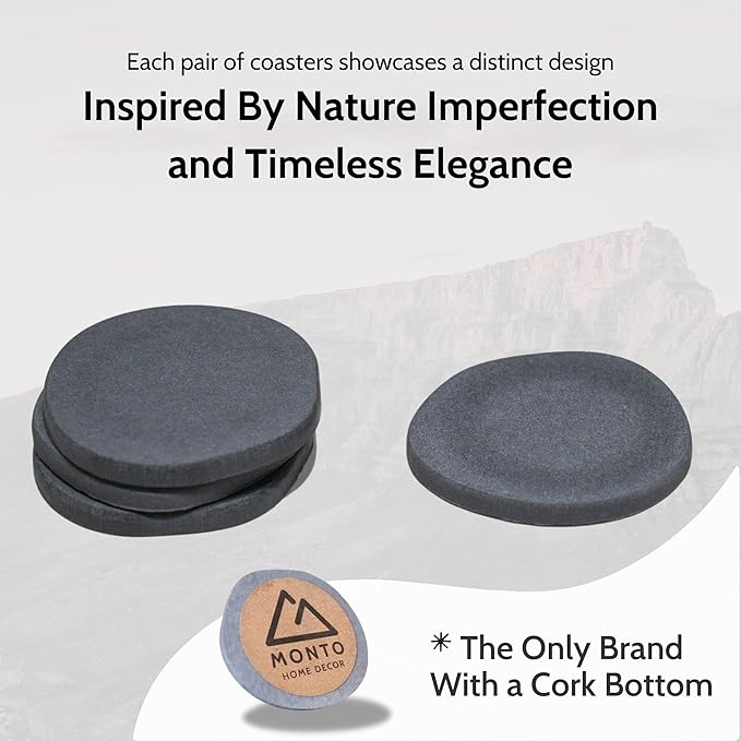 Magic Coasters – Absorbent Stone Coaster Set of 4 for Drinks, Diatomaceous Earth, Table Slip Proof with Sturdy Cork Bottom, Stylish and Sustainable Drink Holder (Midnight Peak)