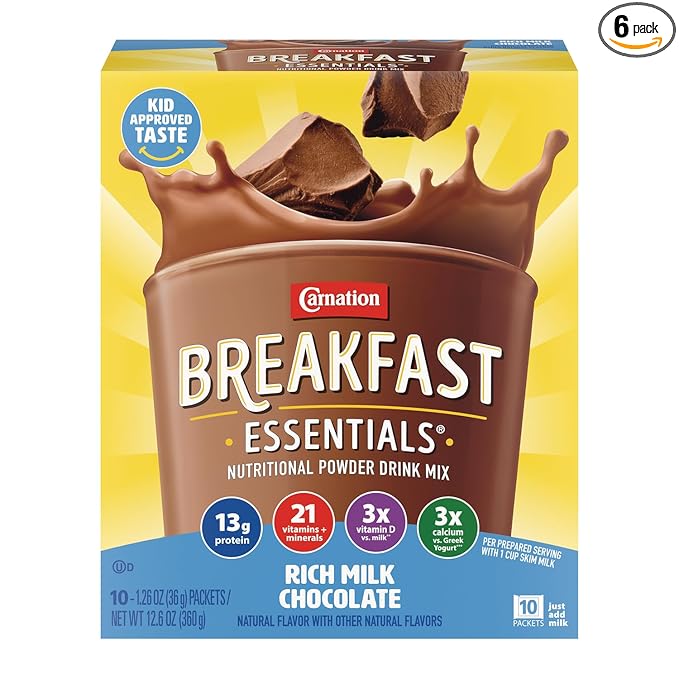 Carnation Breakfast Essentials Powder Drink Mix Rich Milk Chocolate, 10 Count Box of 1.26 Ounce Packets (Pack of 6)