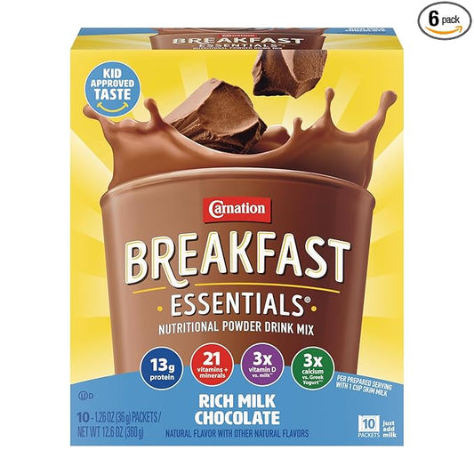 Carnation Breakfast Essentials Powder Drink Mix Rich Milk Chocolate, 10 Count Box of 1.26 Ounce Packets (Pack of 6)
