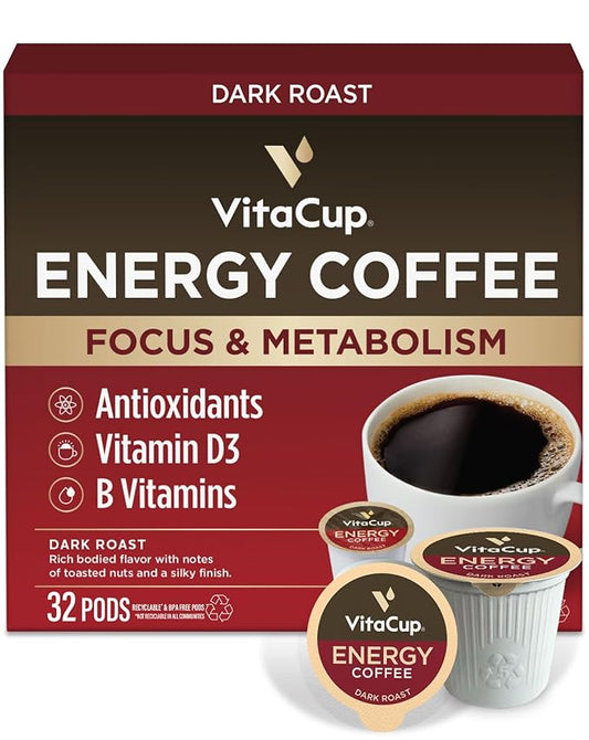 VitaCup Energy Dark Roast Coffee Pods, Boost Focus & Metabolism, Antioxidants, B Vitamins, Bold & Smooth,100% Arabica Coffee, Single Serve Pod Compatible with Keurig K-Cup Brewers,32 Ct