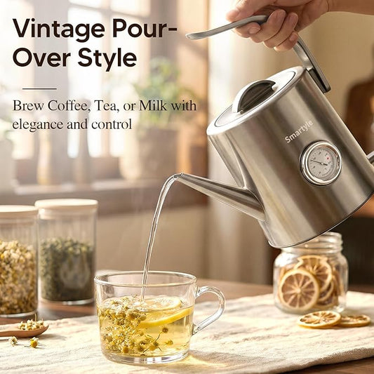 Smartyle® Electric Tea Kettle with Thermometer,1.0L Gooseneck Electric Kettle,304 Stainless Steel,Auto Shut-Off,1200W Pour Over Coffee Pot for Brewing Coffee & Tea at Home,Office,or Café (Chrome)