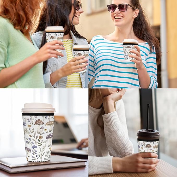 Wildflowers Mushroom Iced Coffee Sleeve for Cold Drink Cups, Reusable Neoprene Insulated Drink Sleeves Cup Cover for Beverages, Fits 32 oz