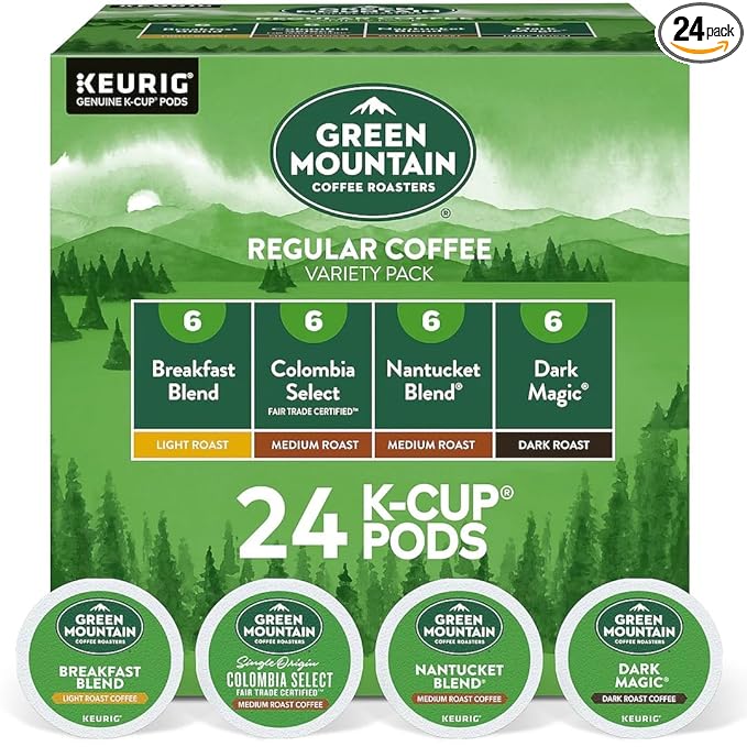 Green Mountain Coffee Variety Pack, K-Cup Pods, 24 Count, Breakfast Blend, Vermont Country Blend, French Roast, Dark Magic