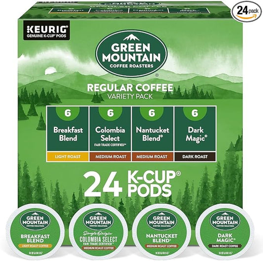 Green Mountain Coffee Variety Pack, K-Cup Pods, 24 Count, Breakfast Blend, Vermont Country Blend, French Roast, Dark Magic
