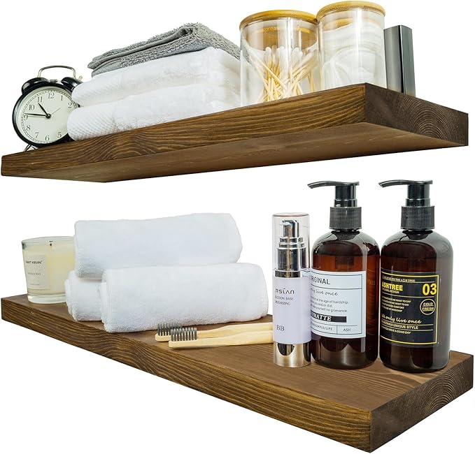 BGMG Wood Floating Shelves for Wall 24 inch Set of 2, Rustic Wooden Wall Mount Shelves for Bathroom Living Room Bedroom Kitchen Farmhouse -24x 6.7 x1.25 inch-Dark Walnut