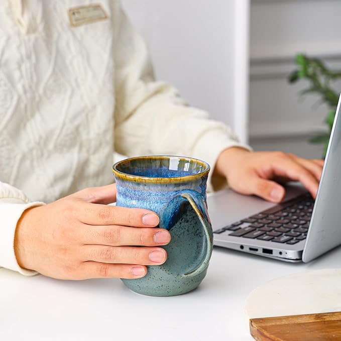 Mkour 21oz Large Ceramic Coffee Mugs, Handmade Tea Cups with Comfortable Handle for Office and Home, Microwave and Dishwasher Safe (Blue Grey)