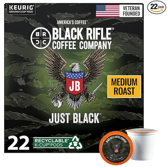 Black Rifle Coffee Company Just Black Medium Roast K-Cups 22ct Coffee Pods – Veteran-Founded, Bold & Smooth, Cocoa & Vanilla Notes, Compatible with Keurig Single-Serve Brewers