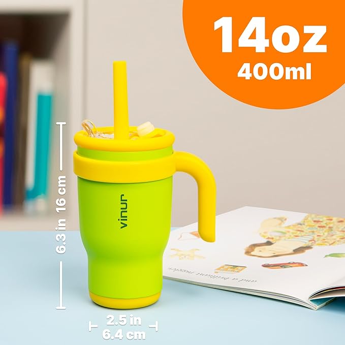 VINUR Kids Tumbler with Handle-14 oz Stainless Steel Double Wall Vacuum Insulated Tumbler with Lid and Straw, Travel Water Cup for Girls (Apple Green)