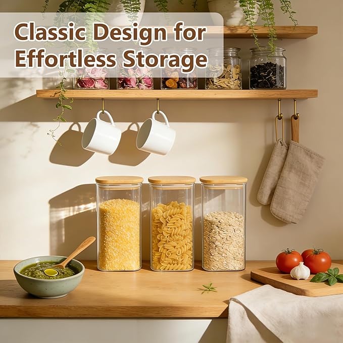 KEYWING 50oz Airtight Glass Storage Containers with Lids Set of 3, Square Glass Jars with Bamboo Lids, Kitchen Pantry Storage Canister for Flour, Sugar, Cereal, Coffee Beans, Pasta, Cookies & Tea