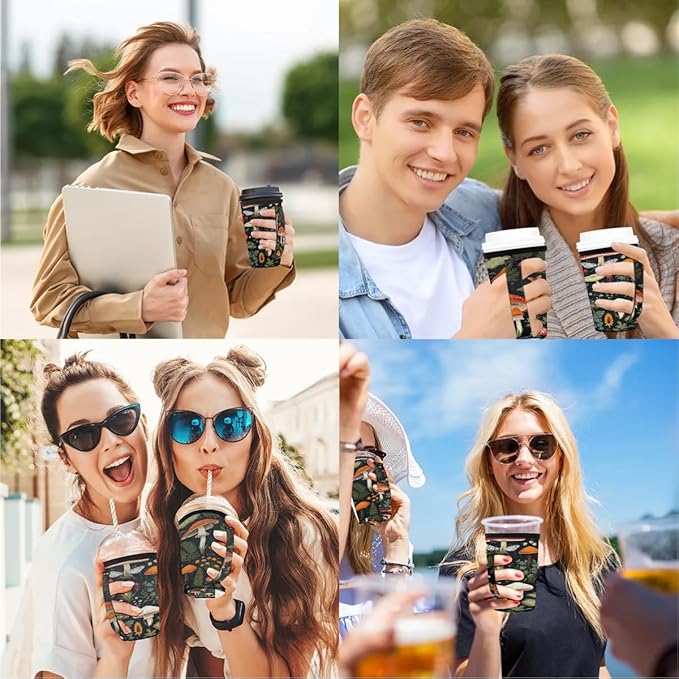 Reusable Iced Coffee Sleeve with Handle, Tropical Mushrooms Neoprene Cup Sleeve Butterfly Leaves Insulator Cup Holder for Cold Drinks Beverages 30oz - 32oz