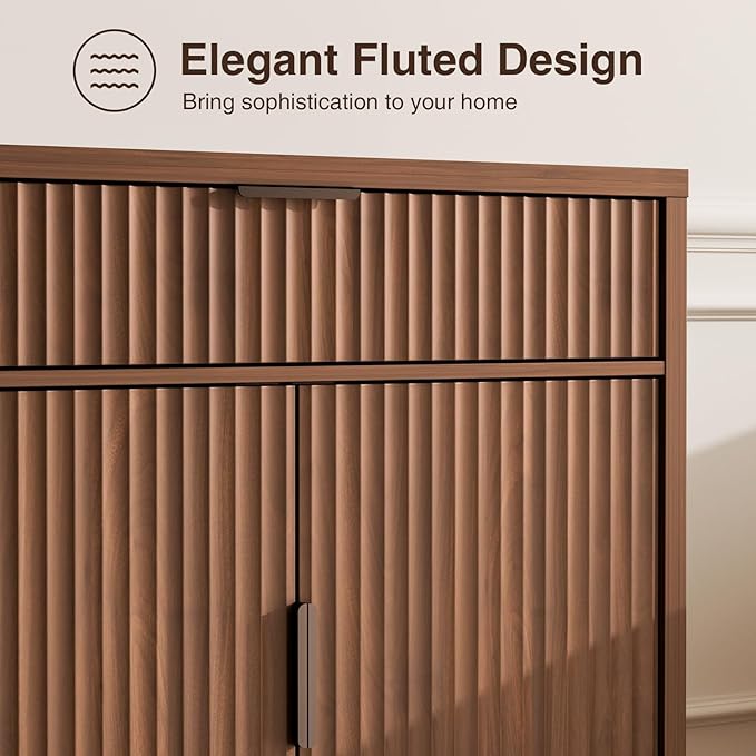Vabches Fluted Sideboard Buffet Cabinet with Storage, 32" Wide Coffee Bar Console Table with Drawer, Fluted Doors & Adjustable Shelf, Wood Buffet Table for Living Room, Kitchen Dining Room, Brown