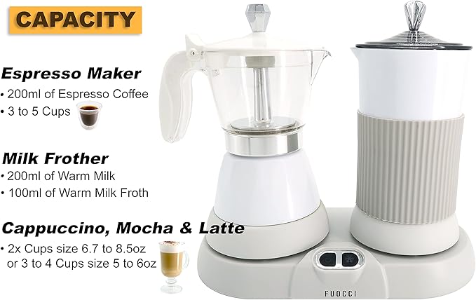 Electric Moka Pot with Milk Frother – 3-Cup (150 ml) Modern Espresso Maker for Coffee, Cappuccino, Latte, Mocha & Cuban, White