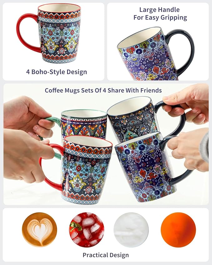 HASENSE Coffee Mugs, 15 OZ Coffee Cups Ceramic Set of 4 with Handle and Bohemian Style for Man Woman, Vintage Stoneware Porcelain Coffee Cups Set for Tea, Cocoa, Milk, Latte and Cappuccino - Multi