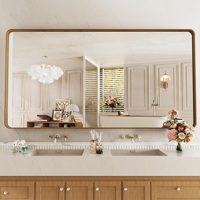 LOAAO 72X40 Inch Bathroom Mirror with Wood Grain Colored Metal Frame, Rounded Rectangle Metal Framed Bathroom Mirror, Anti-Rust, Hangs Horizontally or Vertically, Tempered Glass