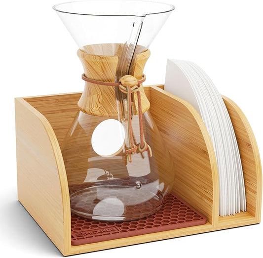 HEXNUB Bamboo Caddy for Pour Over Coffee Maker, Fits Chemex, Bodum, Cosori, Heatproof Mat, Filter Holder