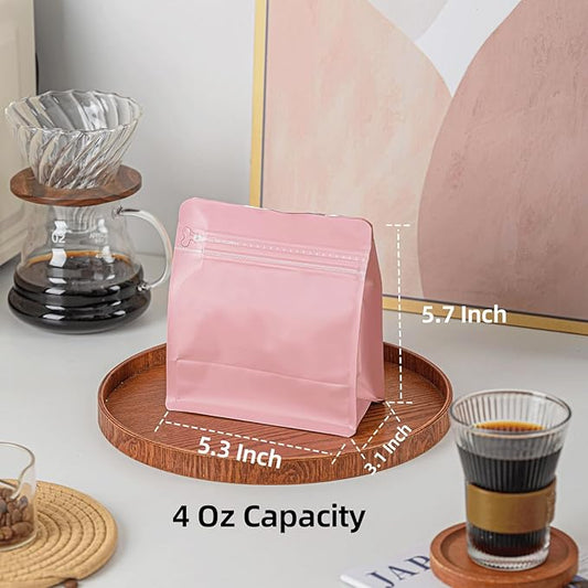 50 Pcs 4oz Pink Sqaure Coffee Bean Bags with No-Valve, Easy Tear Open & Repeating Sealed Zipper, Heat-Seal Stand Up & Flat Bottom Tea Bag, 1/4 lb Capacity 5.3x5.7 Inch