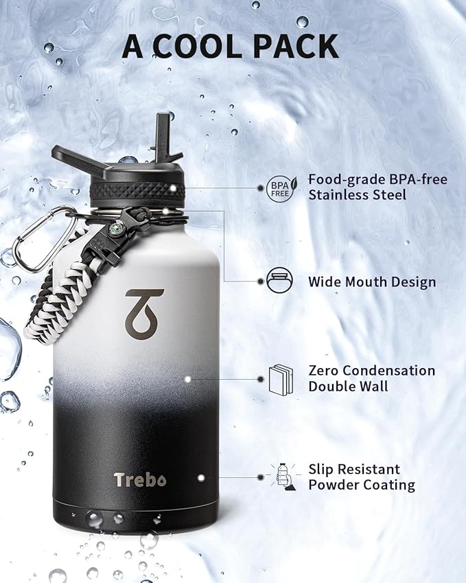 Trebo Water Bottle 64oz with Paracord Handle, Half Gallon Large Vacuum Double Wall Stainless Steel Insulated Water Jug with Holder Strap Straw Spout Lids, Leakproof Keep Cold & Hot,Black and white