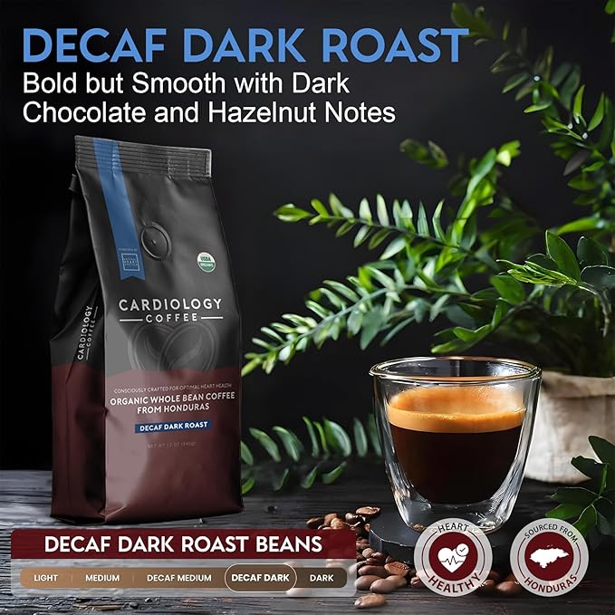 Cardiology Coffee – Decaf Coffee Beans – USDA Certified Organic, Mold Free 12oz Premium Whole Bean Coffee Dark Roast – Decaf Espresso Beans with Swiss Water Decaf and Antioxidant Benefits – Heart Healthy Lifestyle