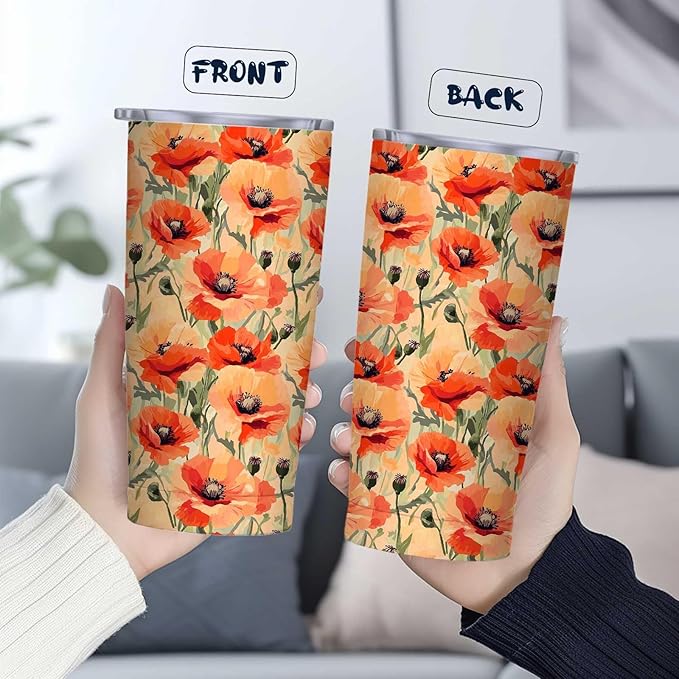 20 oz Tumbler, Floral Stainless Steel Travel Mug, Double Wall Vacuum Insulated Coffee Cup for Hot & Cold Drinks, Chirstmas or Birthday Gift for Men and Women, Printed Poppy Flower