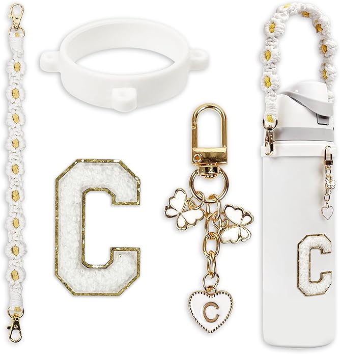 Compatible with Owala Water Bottle Accessories, Cute Letter Charm Set with Boho Handle Strap, Monogram Sticker, Silicone Ring, Keychain Decoration, for FreeSip 24 32 40oz, Owala Kids, Tumbler Gift