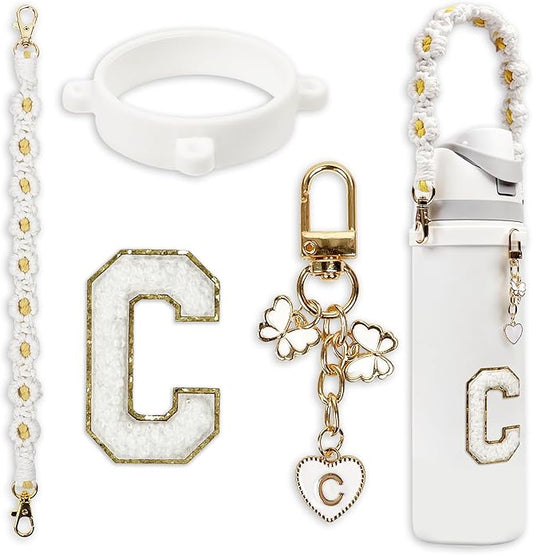 Compatible with Owala Water Bottle Accessories, Cute Letter Charm Set with Boho Handle Strap, Monogram Sticker, Silicone Ring, Keychain Decoration, for FreeSip 24 32 40oz, Owala Kids, Tumbler Gift