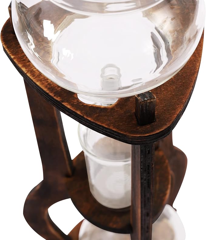 Iced Coffee Cold Brew Drip Tower Coffee Maker, Wooden Ice Coffee Machine, Stainless Steel and Borosilicate Glass, Long Neck Sharing Pot, with Measuring Spoon (Brown)