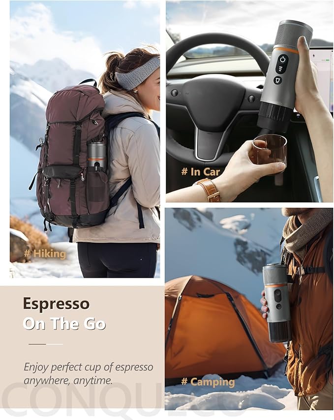 CONQUECO Self-Heating Portable Espresso Machine: Travel Coffee Maker with 13500mAh Battery - 12v Small Electric Fast Heating - Set for Ground Coffee & NS Capsule for RV, Car, Hiking, Office, Camping