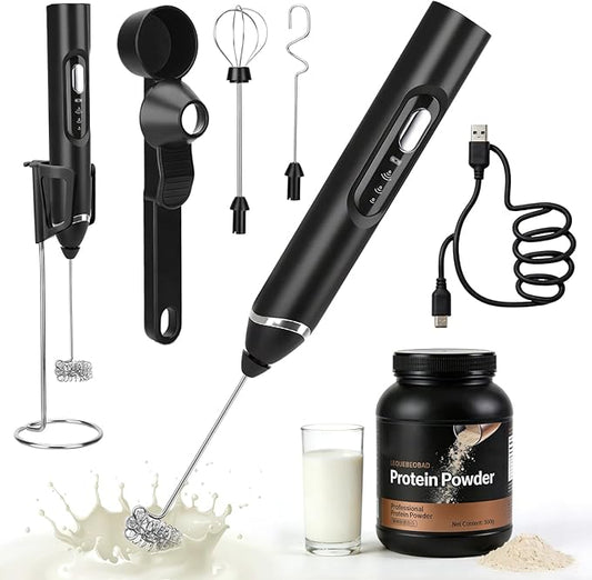 Juome Frother for Protein Powder - Rechargeable 4-in-1 Protein Mixer Wand Set, Protein Powder Scoop Funnel, Waterproof Electric Drink Frother Wand for Milk, Coffee, Lattes, Matcha & Creamer (Black)