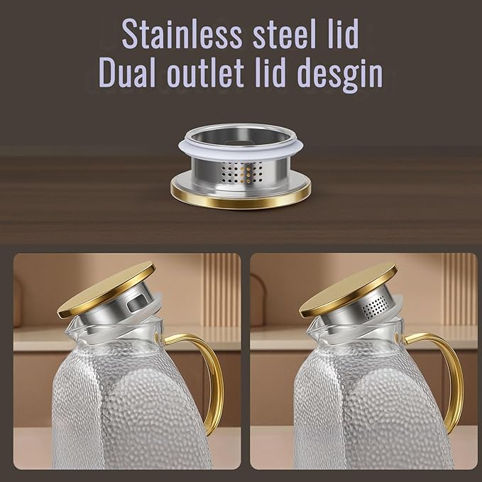 Glass Pitcher With Lid and Spout, 1.8 Liter 60 oz Glass Pitchers With Handle And Lid, Jug Water Pitchers For Fridge, Carafe Jar for Hot/Cold Water Iced Tea Juice Coffee Milk Beverage