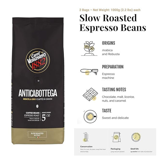 Caffe Vergnano 1882 Antica Bottega Whole Bean Arabica Medium Roast Espresso, 2.2 lbs Bag - Italian Coffee Beans with notes of Chocolate, Nuts & Caramel, Intensity 5/10-1000g Bag (2 Pack)