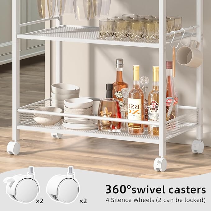 Bar Cart, Home Bar Serving Cart with 3-Tier Shelf,Microwave Cart with Lockable Wheels,Mobile Kitchen Shelf,Rolling Beverage Cart with Wine Rack and Glass Holder for Kitchen,Dinning Room,White