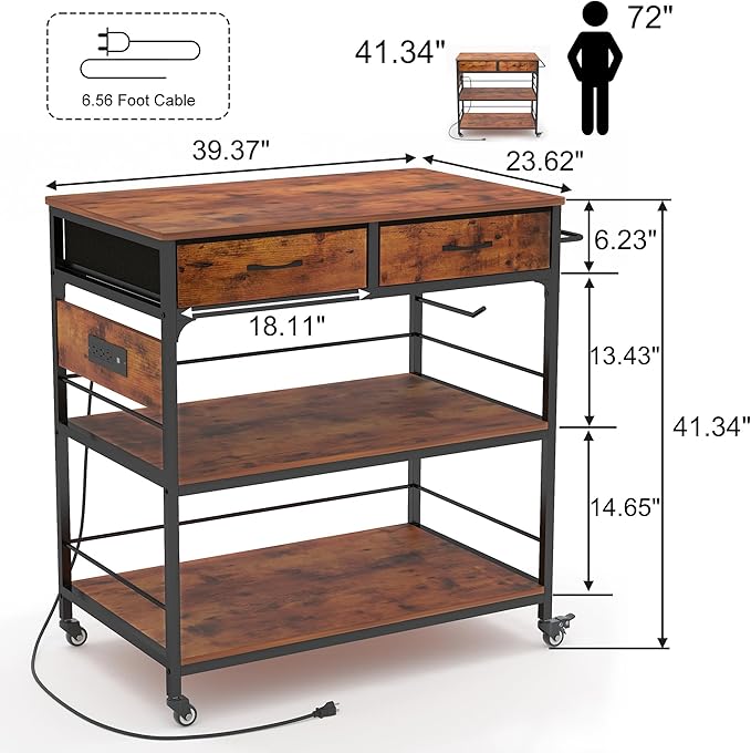 Kitchen Island with Storage,Mobile Kitchen Island Cart with Power Outlet,Industrial Kitchen Island on Wheels,Island Table for Kitchen