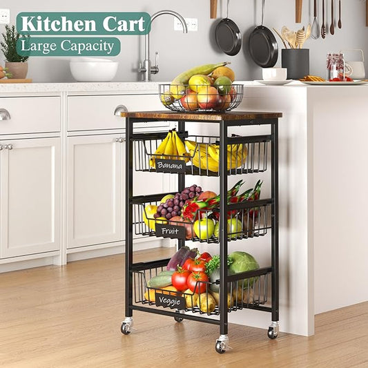 4-Tier Vegetable Fruit Basket Kitchen Storage Rolling Cart on Wheels with Pull-Out Baskets and Wood Top for Kitchen Diningroom Pantry