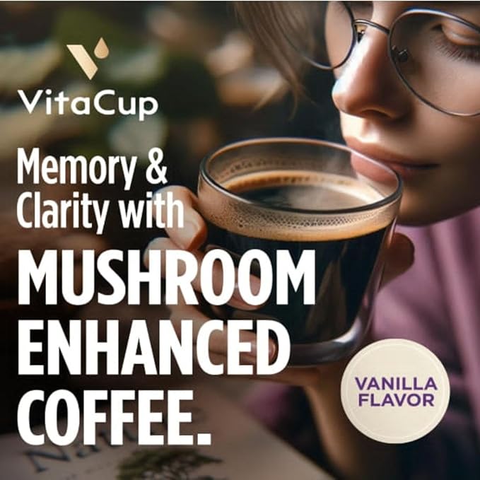 VitaCup Mushroom Coffee Pods, Vanilla Flavored Coffee with Chaga, Lion’s Mane, Vitamins, Medium Dark Roast Arabica Beans, Single Serve Pods Compatible with Keurig K-Cup Brewers, 64 Ct
