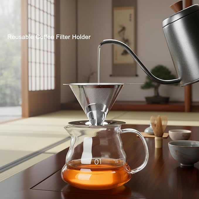 Stainless Steel Pour Over Coffee Dripper, Paperless Reusable Cone Coffee Filter with Ultra Fine Micro Mesh, Pour Over Coffee Maker for Single Cup Brew, Non-slip Stand for Perfect Extraction, 1-4 Cups