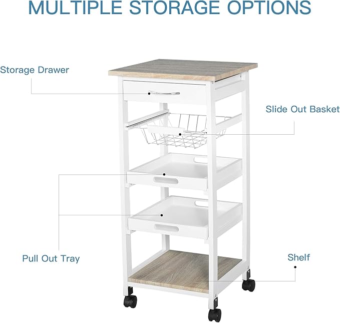 HOMCOM Mobile Kitchen Cart, Rolling Kitchen Island with Storage, Solid Wood Frame Utility Cart with Wire Fruit Baskets, Trays and Drawer, White