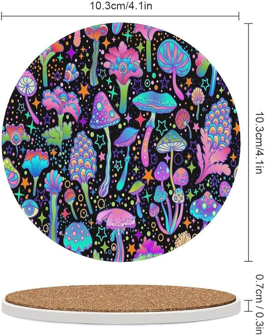 Botanical Drink Coasters, Round Ceramic Drink Coaster Round-6PCS, Psychedelic Fantasy Magic Colorful Trippy Botanical Mushrooms Decor Absorbent Ceramic Coasters for Beverage Cup, Bar, Coffee Table