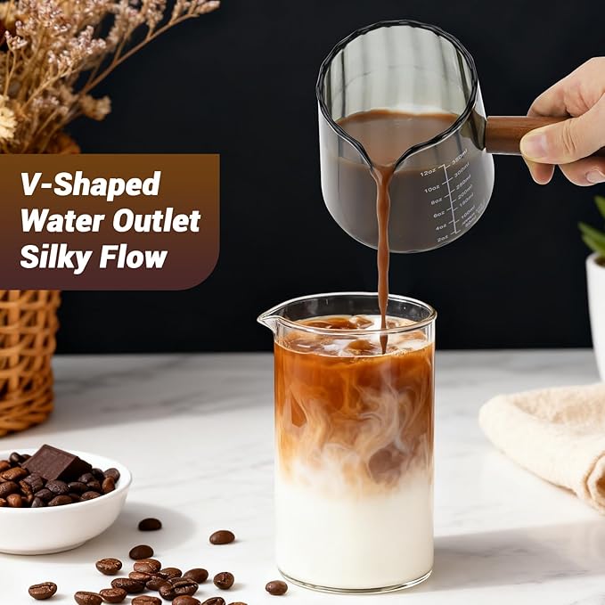 Espresso Measuring Cup 12 Oz, Espresso Glass Cups with Wood Handle, Milk Frothing Cup, Espresso Cup for Coffee, Milk, Tea or Maple Syrup Serving (Gray, 12 oz)