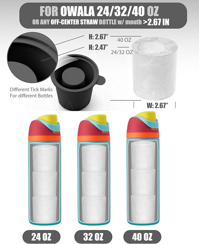 Ice Molds for Owala 24-40oz, Set of 3, Food-Grade Soft Silicone, No White Residue, Easy to Release, Straw Placement Compatible with Owala FreeSip, Keeps Drinks Cold Longer (Dark Grey)