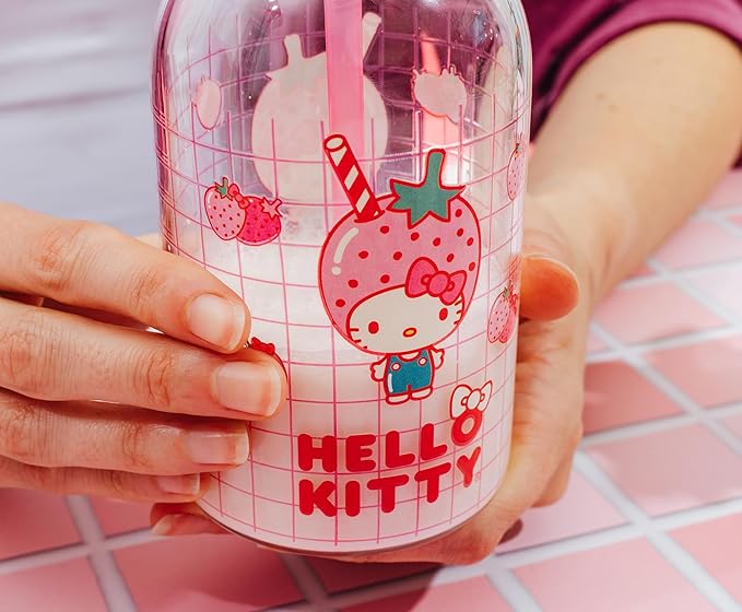 Silver Buffalo Sanrio Hello Kitty Strawberry Milk Grid Glass Milk Bottle with Straw, 15 Ounces