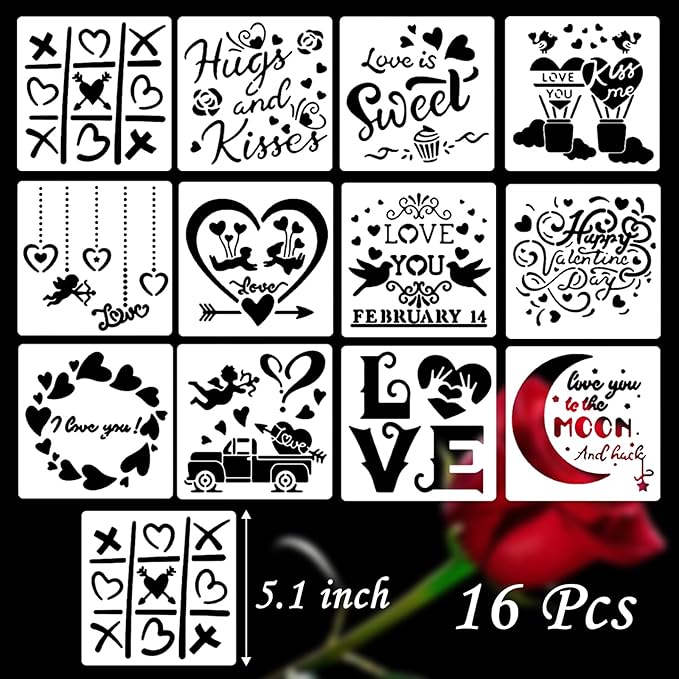 Valentines Day Cake Stencils Kit Reusable Cookie Coffee Stencil Drawing Template for Dessert Buttercream Painting Envelopes DIY Crafts Wall Floor Decor (12 Pcs Confession of Love)