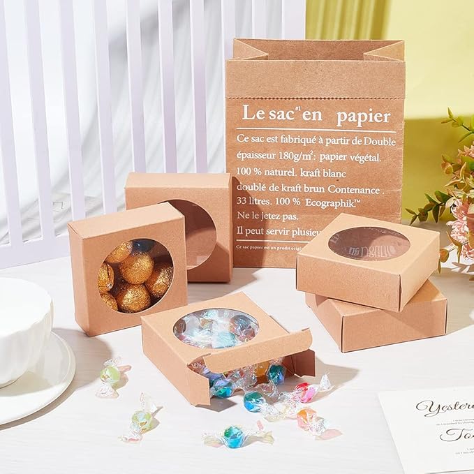 BENECREAT 24 Packs Brown Kraft Square Paper Boxes Gift Wrapping Box with Round Clear Window 3x3x1.2 for Homemade Soap, Party Favor Treats and Jewelry Packaging