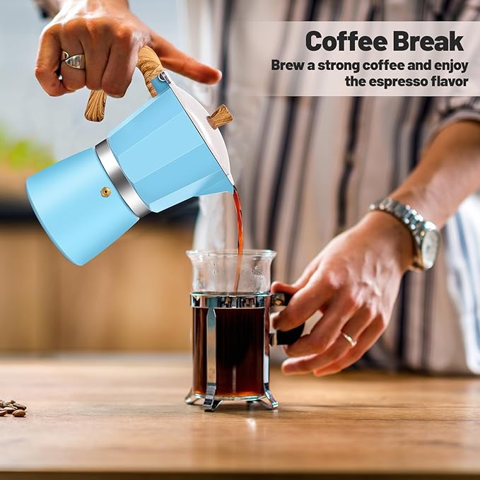 Vaolvpant 6 Cup Aluminum Moka Pot Classic Stovetop Espresso Coffee Maker 300ml 10oz Coffeemaker Percolator Mocha Pot Greca Coffee Maker Cafe Makers for Italian and Cuban Café Brewing Blue