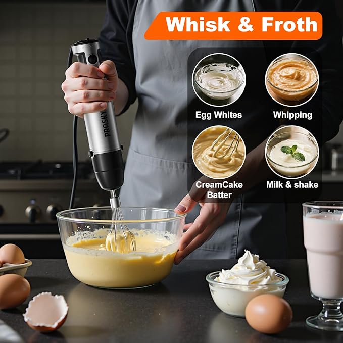 Immersion Blender Handheld Hand Blenders, 20 Speed & Turbo Mode Hand Held Blender, Heaviest Duty Copper Motor, Stainless Steel Blades, Milk Frother Wand, Whisk, 600ml Beaker, 500ml Chopper (Silver)