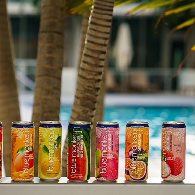Blue Monkey Sparkling Pineapple Juice - Real Fruit Juice, No Sugar Added, All Natural, Lightly Carbonated, Halal Certified - Refreshing Tropical Sparkling Water Alternative - 11.2oz (330ml) 12 Pack
