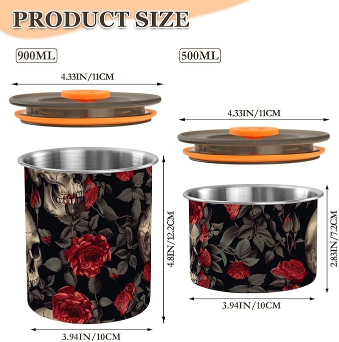 ALAZA Skull Red Rose Flower Floral Airtight Coffee Bean Canister 500ml Food Storage Containers with Lids For Gournd, Tea, Sugar, Flour, Rice, Cereal, Candy Cookie Jar