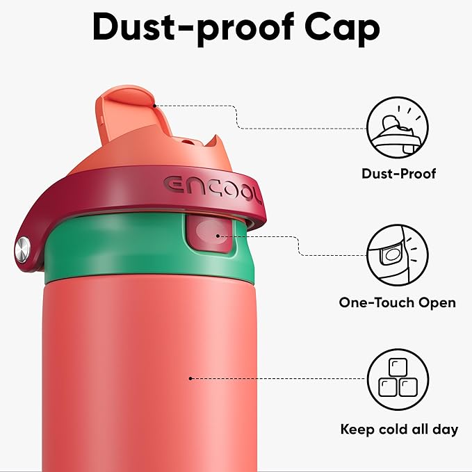 ENCOOL Leakproof Insulated Water Bottle with Straw Dual-Sip Water Bottle Bag-Safe Design for Work, Commute & Gym – Keeps Drinks Cold All Day, 32 oz, Coral Red