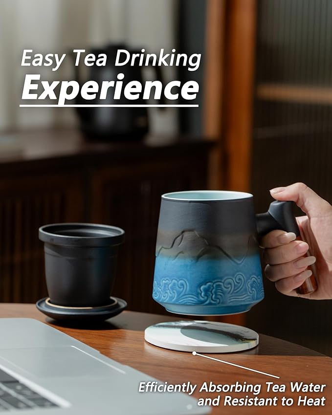 ZENS Tea Cup with Infuser and Lid for Loose Leaf Tea Steeper, 15.2 oz Ceramic Tea Mug with Fine Tea Strainers and Absorb Coaster, Wood Handle Large Diffusers Mugs Tea Lovers Gifts