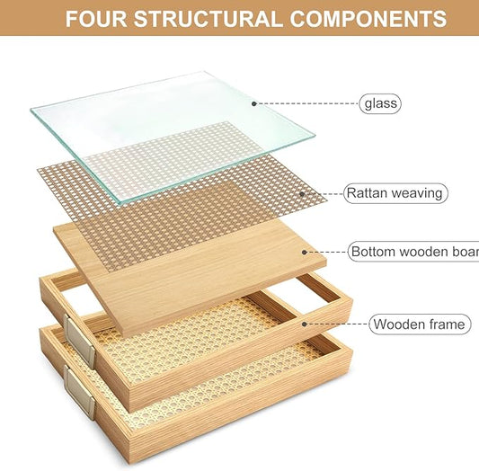 Rattan Woven mesh Surface Wood Serving Tray with Metal Handles, 14.5inx10.4in Food Drinks Tray for Coffee Table, Breakfast, Dinner & Bar,Kitchen,Party (Rattan Weaving/Small)